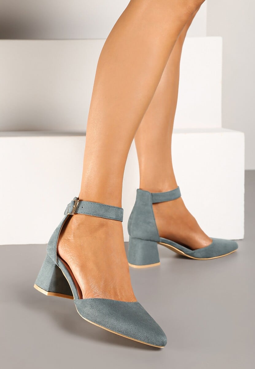 Czarne Czółenka na Słupku Vices ze Skórzaną Wkładką i Paskiem Wokół Kostki Eveliri