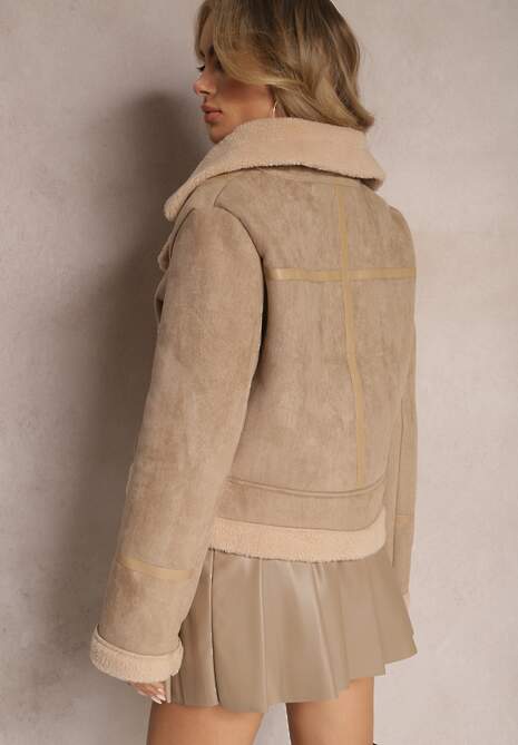 Beżowa Kurtka Biker z Imitacji Zamszu i Kożuszka Jassan