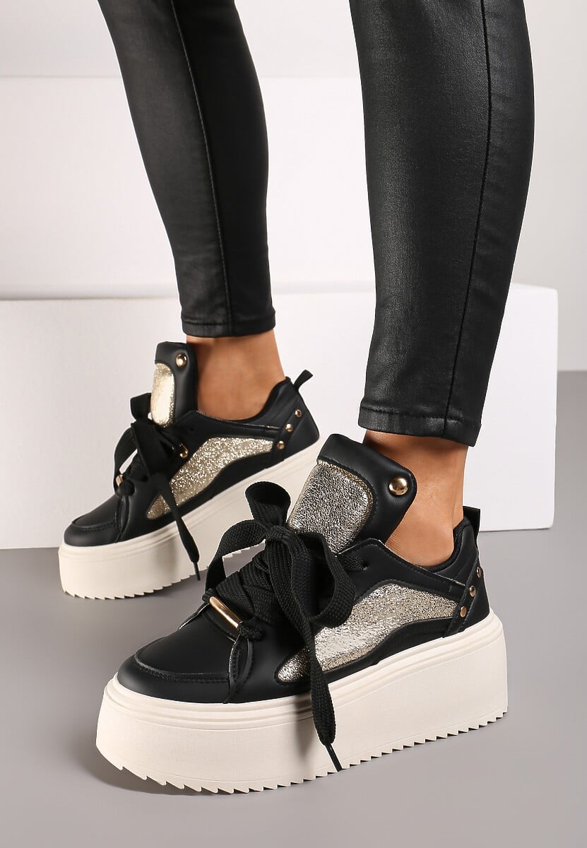 Czarne Sneakersy na Platformie Ozdobione Nitami i Metalicznymi Elementami Azista