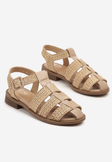 Ciemnobeżowe Sandały Ozdobione Plecionką Zapinane na Sprzączkę Liaseria