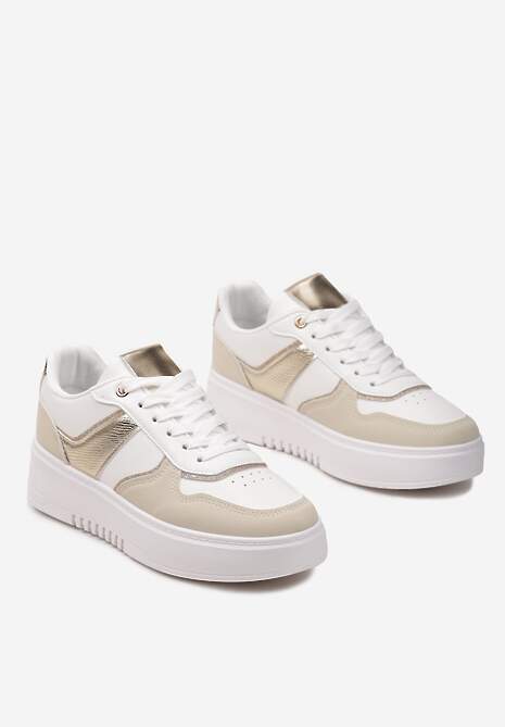 Biało-Beżowe Sneakersy na Platformie z Brokatowymi Akcentami Sellona