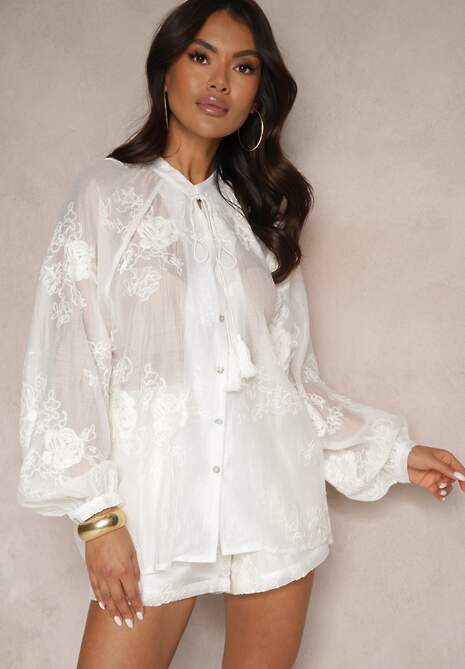 Biały Komplet z Wiskozą i Bawełną Szorty i Koszula z Haftem Milviola