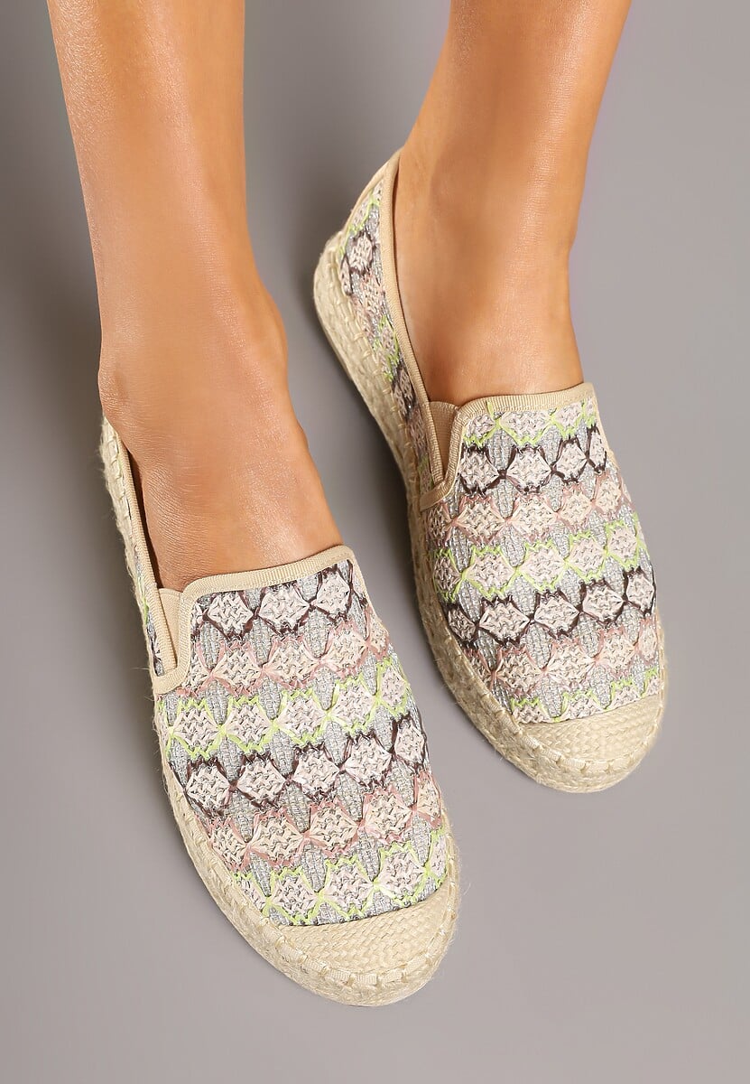 Beżowe Espadryle Ozdobione Metaliczną Nitką na Podeszwie z Plecionki Raslira