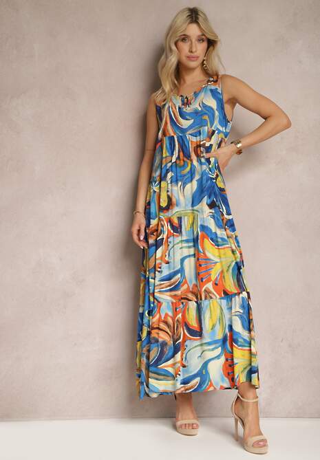 Niebieska Rozkloszowana Sukienka z Falbanką i Wiązaniem przy Dekolcie Karmilla