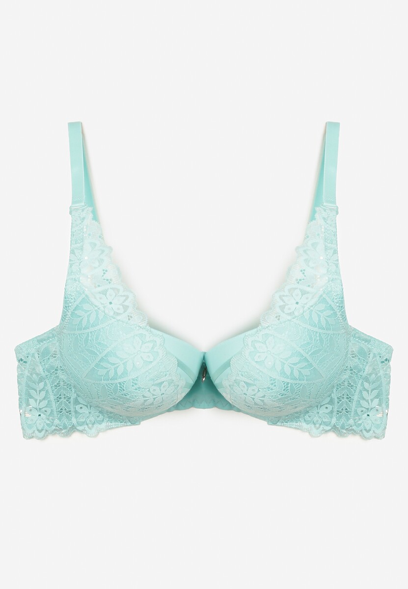 Miętowy Biustonosz z Efektem Push Up Ozdobiony Koronką Ivmeria
