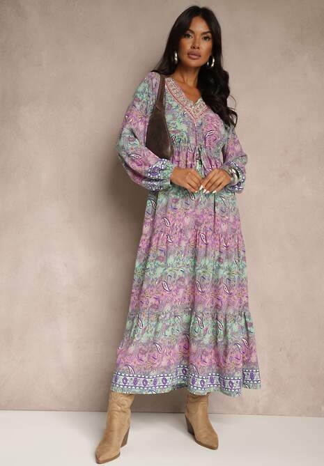 Różowa Sukienka z Dekoltem w V o Rozkloszowanym Fasonie w Print Paisley Akka