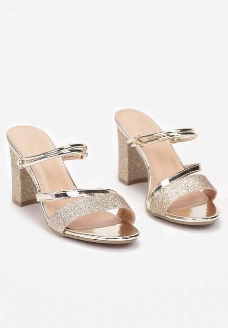 Złote Sandały na Słupku Zdobione Brokatem Clymiore