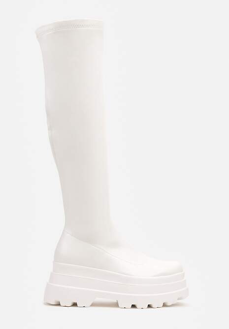 Białe Caualowe Kozaki w Stylu Muszkieterek na Platformie Leniefra