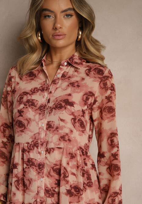 Różowa Rozkloszowana Sukienka Koszulowa Maxi w Kwiaty Nersa