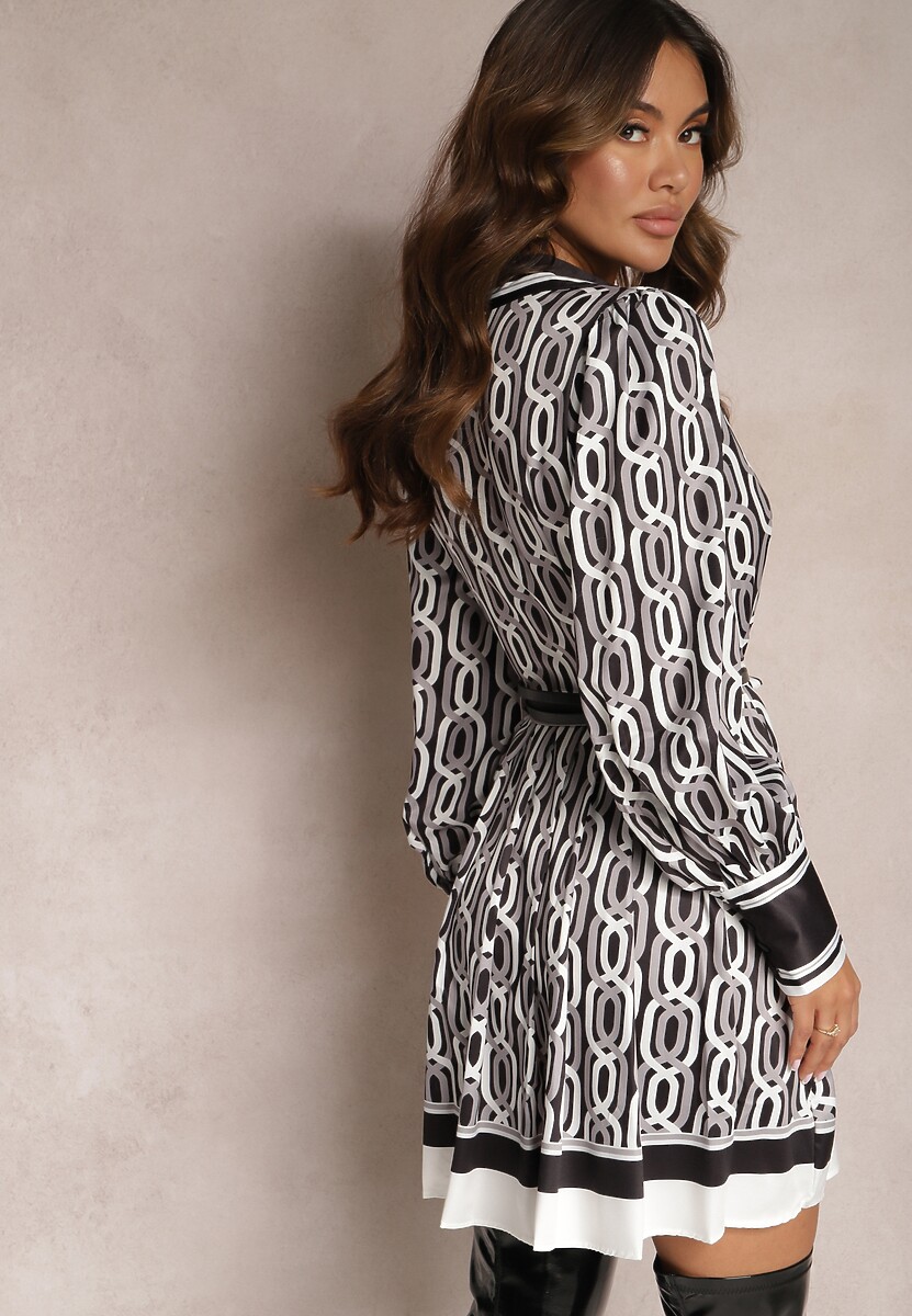 Czarno-Biała Koszulowa Sukienka Mini o Rozkloszowanym Kroju z Paskiem Launge