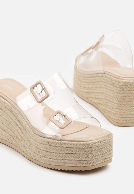 Beżowe Klapki na Koturnie z Plecionką i Transparentnymi Paskami i Klamrami Lunitielle