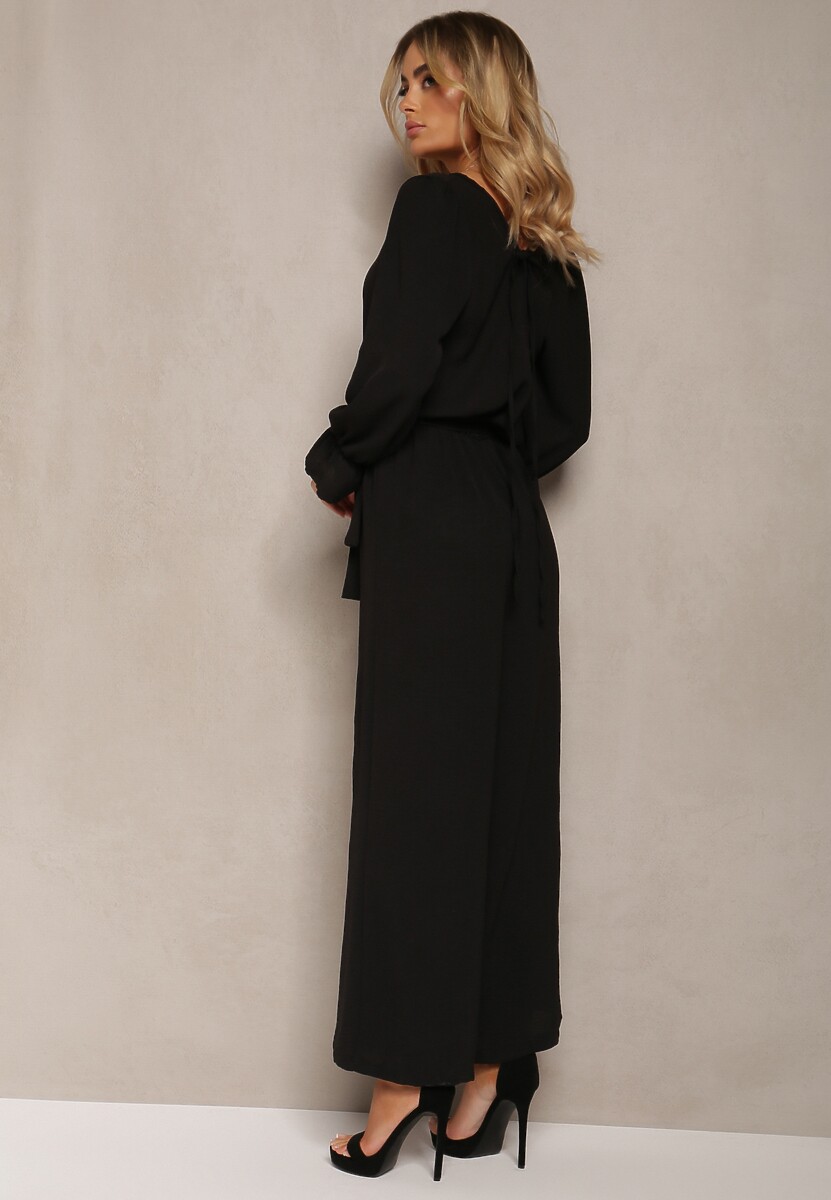 Czarny Casualowy Kombinezon z Paskiem i Gumką w Pasie Wiązany na Plecach Melodette