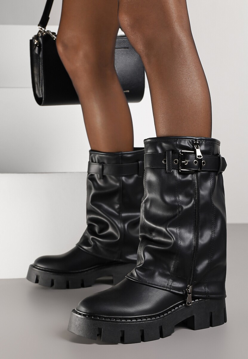 Czarne Botki Biker Boots z Cholewką Imitującą Nogawkę z Klamerką Veresta