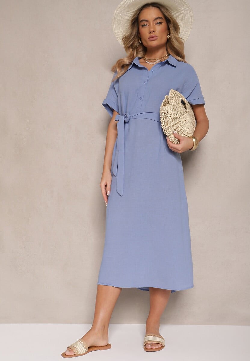 Granatowa Wiskozowa Sukienka Koszulowa z Wiązanym Paskiem w Talii Vanisti