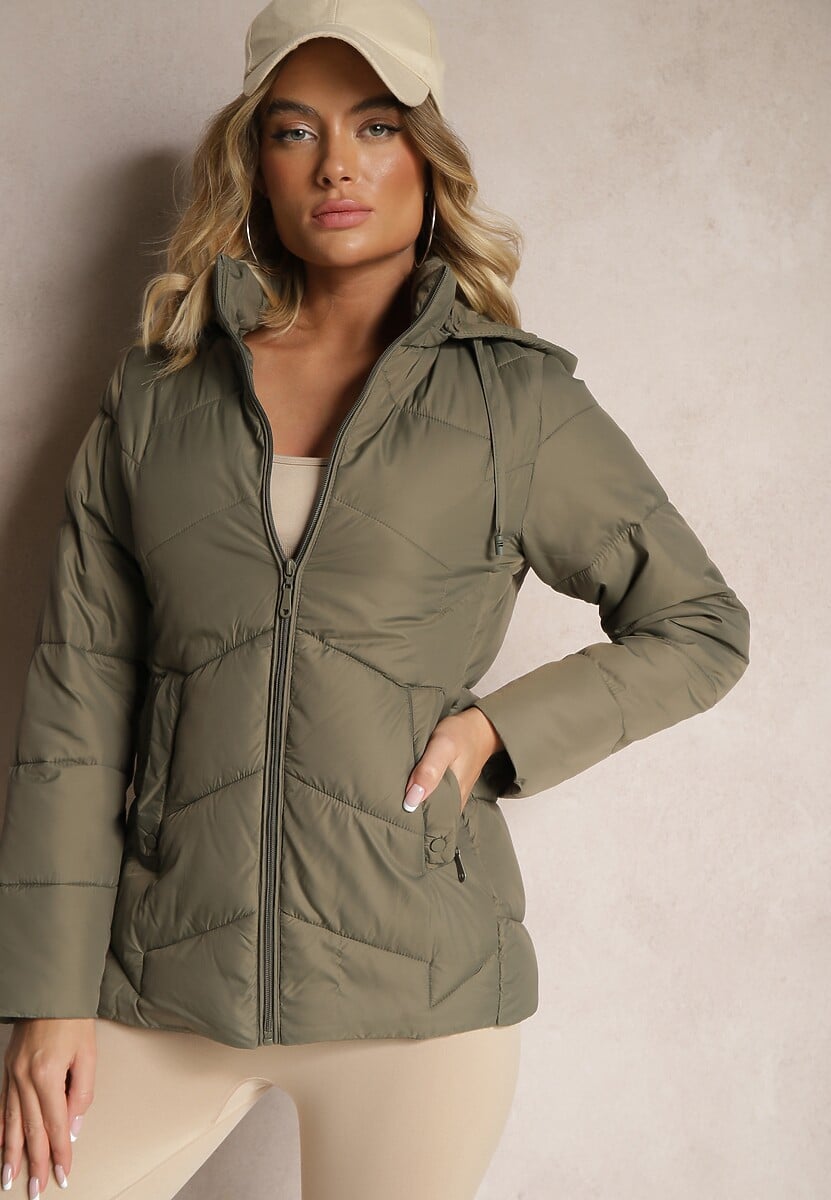 Ciemnozielona Kurtka Pikowana z Kapturem z Możliwością Odpięcia Felathra