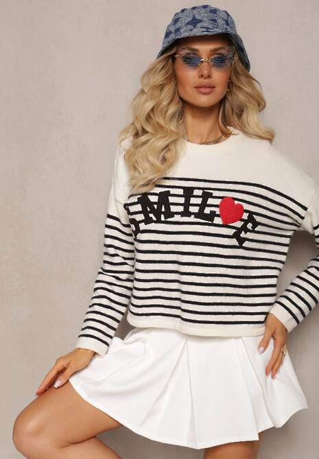 Beżowo-Czarny Sweter z Napisem Smile i Wzorem w Paski Suwaia