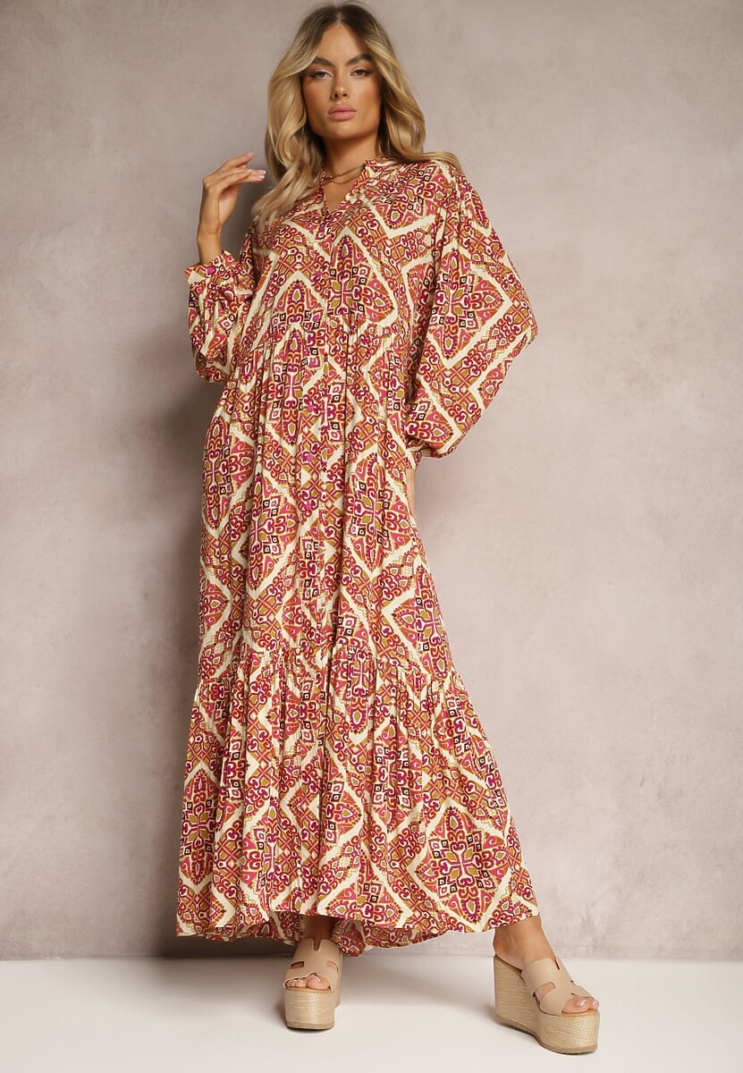 Bordowa Wiskozowa Sukienka o Rozkloszowanym Kroju z Falbanką i Guzikami Orines