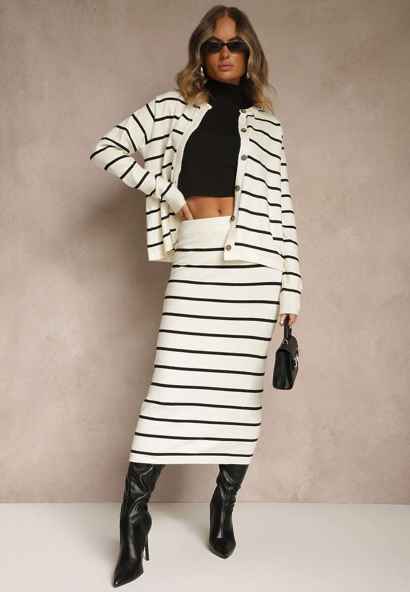 Jasnobeżowy Komplet z Wiskozą Spódnica i Bluzka z Guzikami Ozdobione Paskami Forrive