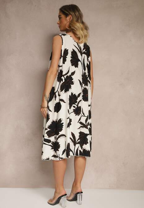 Czarna Sukienka Bez Rękawów z Tkaniny Wiskozowej w Kwiaty Orrivia