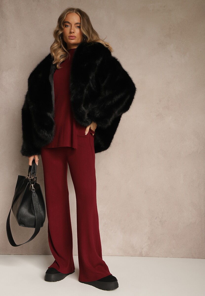 Bordowy Komplet z Dzianiny z Wiskozą Spodnie i Sweter z Ozdobnymi Guzikami Unarea