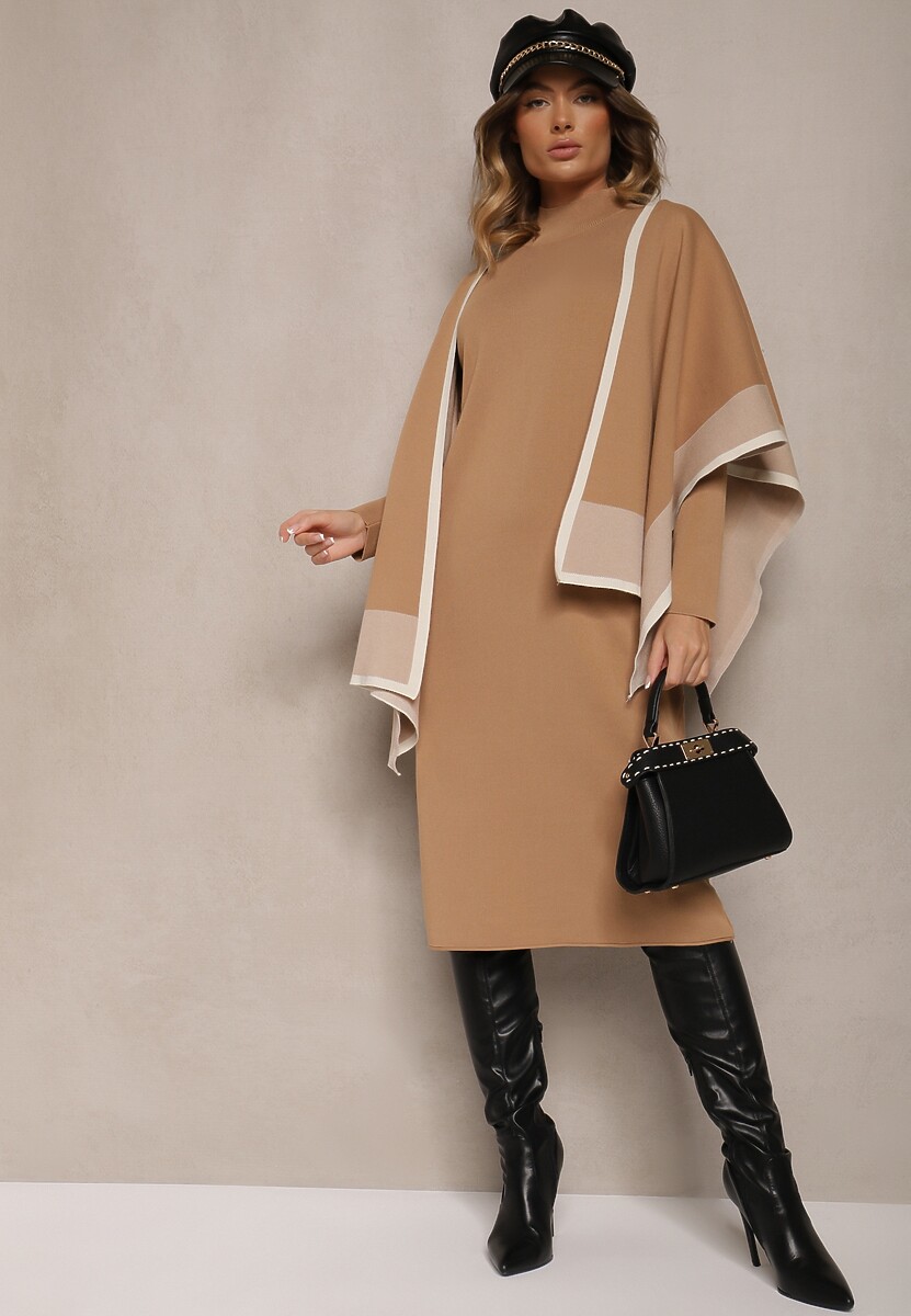 Beżowy Komplet z Dzianiny z Wiskozy Sukienka i Narzutka Ilandriel