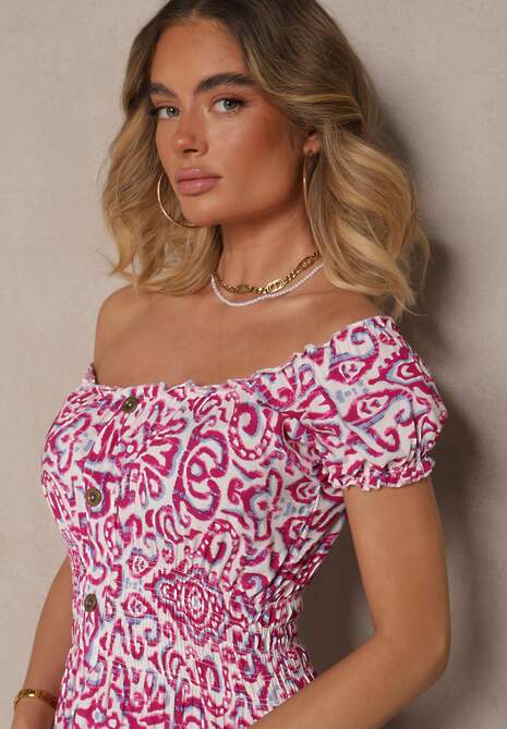 Różowa Sukienka Bawełniana z Gumką w Talii i Ornamentalnym Printem Natilessae