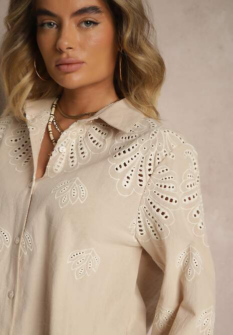 Beżowa Koszula z Bawełny Zdobiona Haftem z Ażurowymi Wycięciami Nevorelle