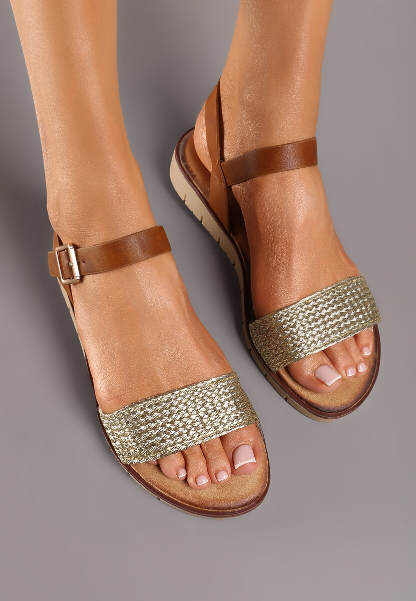 Złote Sandały na Płaskiej Podeszwie z Plecioną Paskiem Jutowym Tesarine