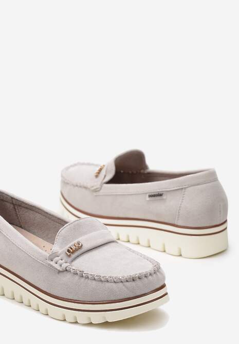 Szare Mokasyny ze Skórzaną Wkładką na Podeszwie w Paski z Cyrkoniami i Marszczeniem Dilema