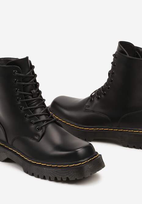 Czarne Sznurowane Ocieplone Botki na Platformie w Stylu Workerów Crecca