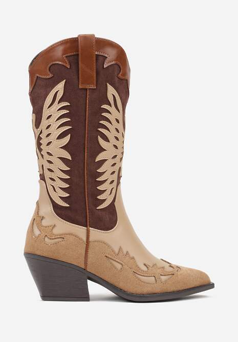 Brązowe Botki Kowbojki na Stożku z Tłoczoną Cholewką Badilora