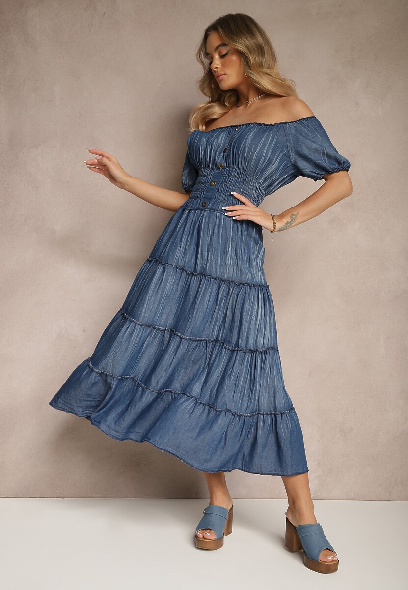 Niebieska Sukienka z Dekoltem Hiszpańskim i Szeroką Marszczoną Talią Sardexia