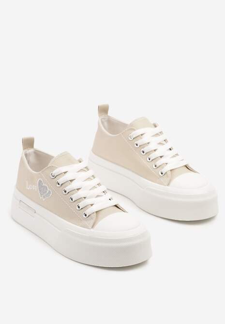 Beżowe Trampki na Platformie z Ozdobnym Napisem i Sercem Laviere