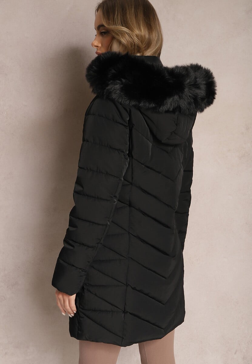 Czarna Pikowana Kurtka przed Kolano z Kapturem i Futerkiem Morteni