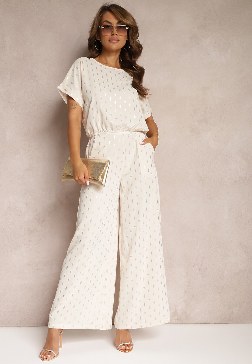 Beżowo-Złoty Casualowy Komplet Długie Spodnie i Bluzka Zakończona Gumką w Pasie Acrinna