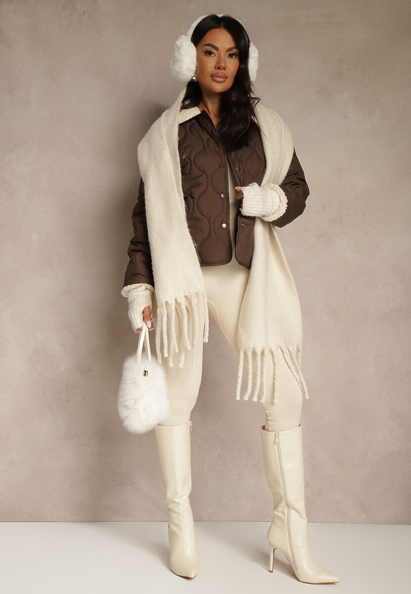 Brązowa Pikowana Kurtka o Koszulowym Kroju z Futrzanym Kołnierzem Selme