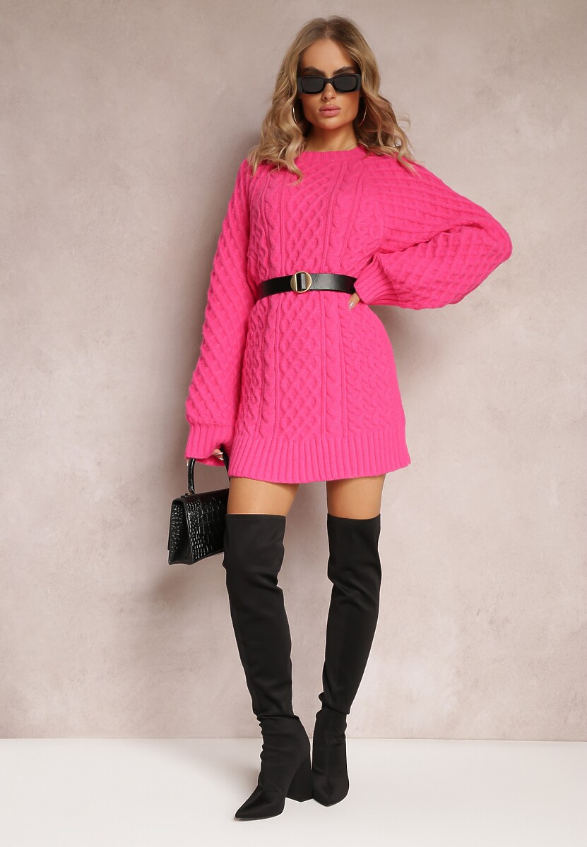 Fuksjowy Długi Sweter Ozdobiony Drobnym Splotem Killoe