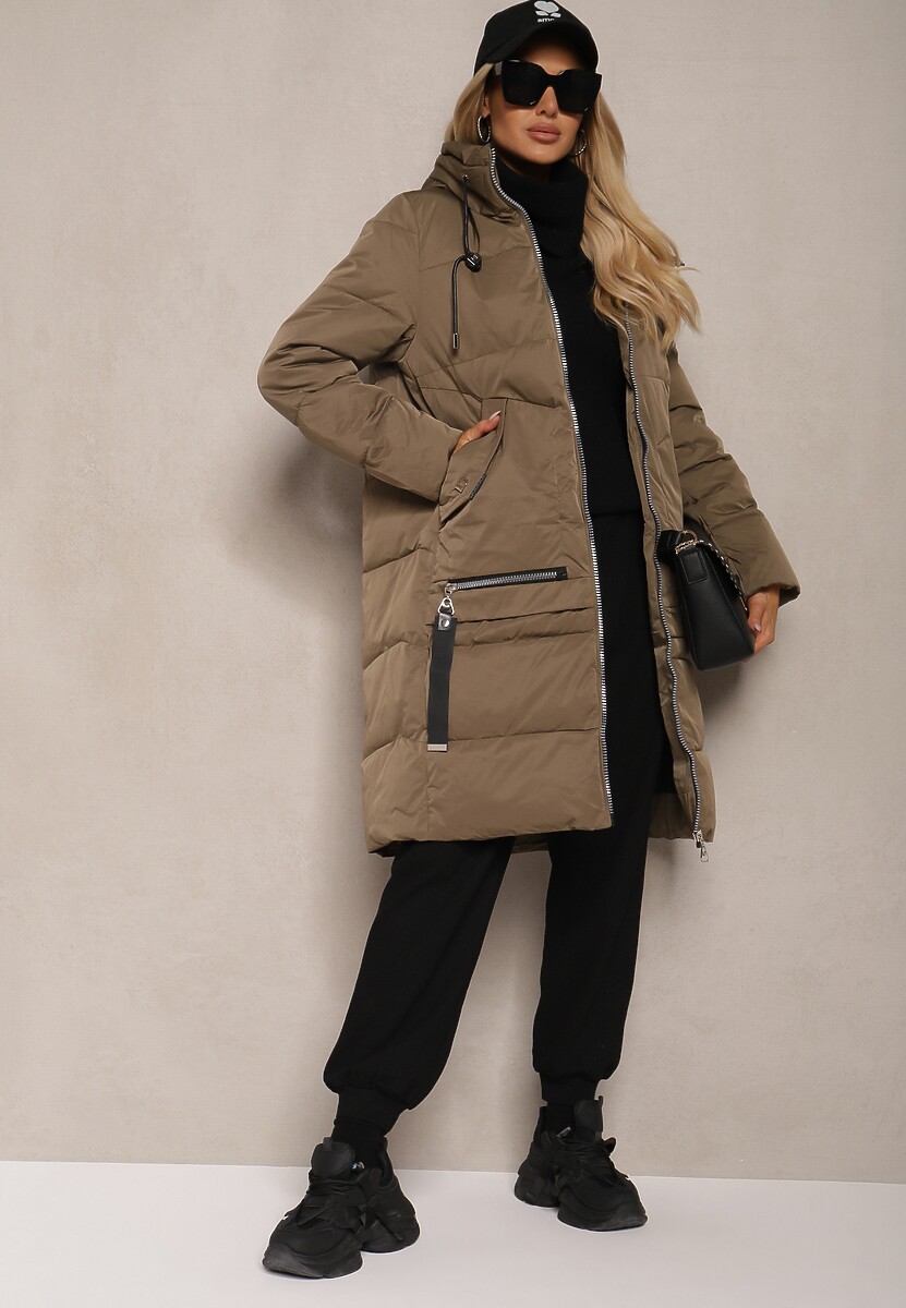 Ciemnozielona Kurtka z Pikowaniem o Prostym Fasonie z Kapturem Kieszeniami i Ozdobnym Suwakiem Mirimae