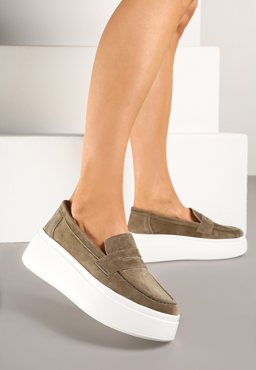 Ciemnobeżowe Półbuty w Stylu Mokasynów na Platformie ze Skóry Naturalnej Nilovira