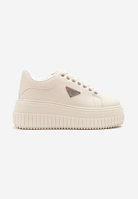 Beżowe Sneakersy na Tłoczonej Platformie Zdobione Metaliczną Aplikacją Fidania