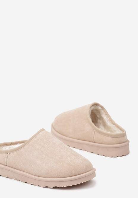 Beżowe Casualowe Kapcie na Płaskiej Podeszwie z Futerkiem Peccaria