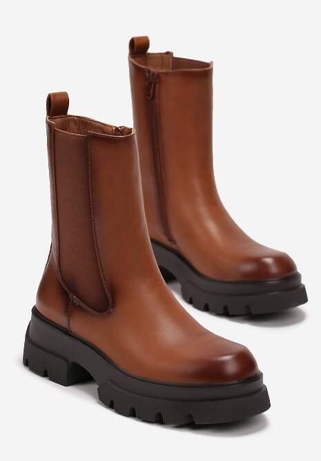 Jasnobrązowe Botki z Elastyczną Wstawką na Cholewce i Tłoczeniu na Platformie Kisoma