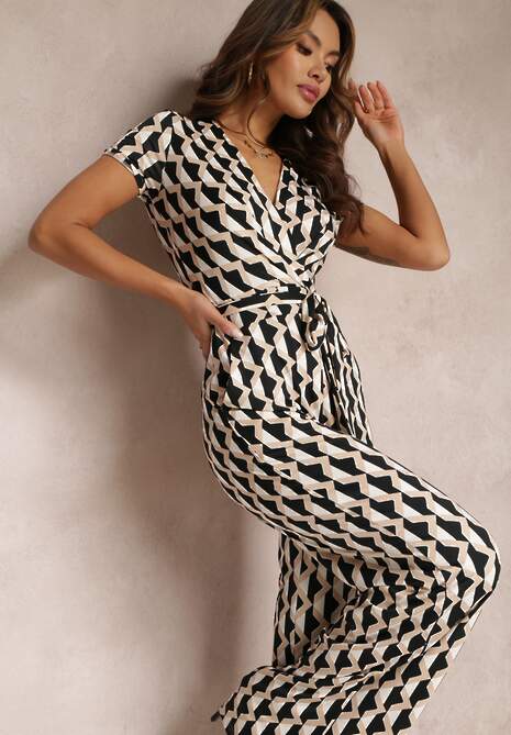 Beżowy Kopertowy Kombinezon w Geometryczny Wzór z Wiązanym Paskiem Anaba