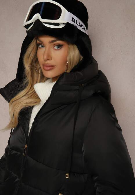 Czarna Pikowana Kurtka o Długim Kroju z Kapturem Toriola