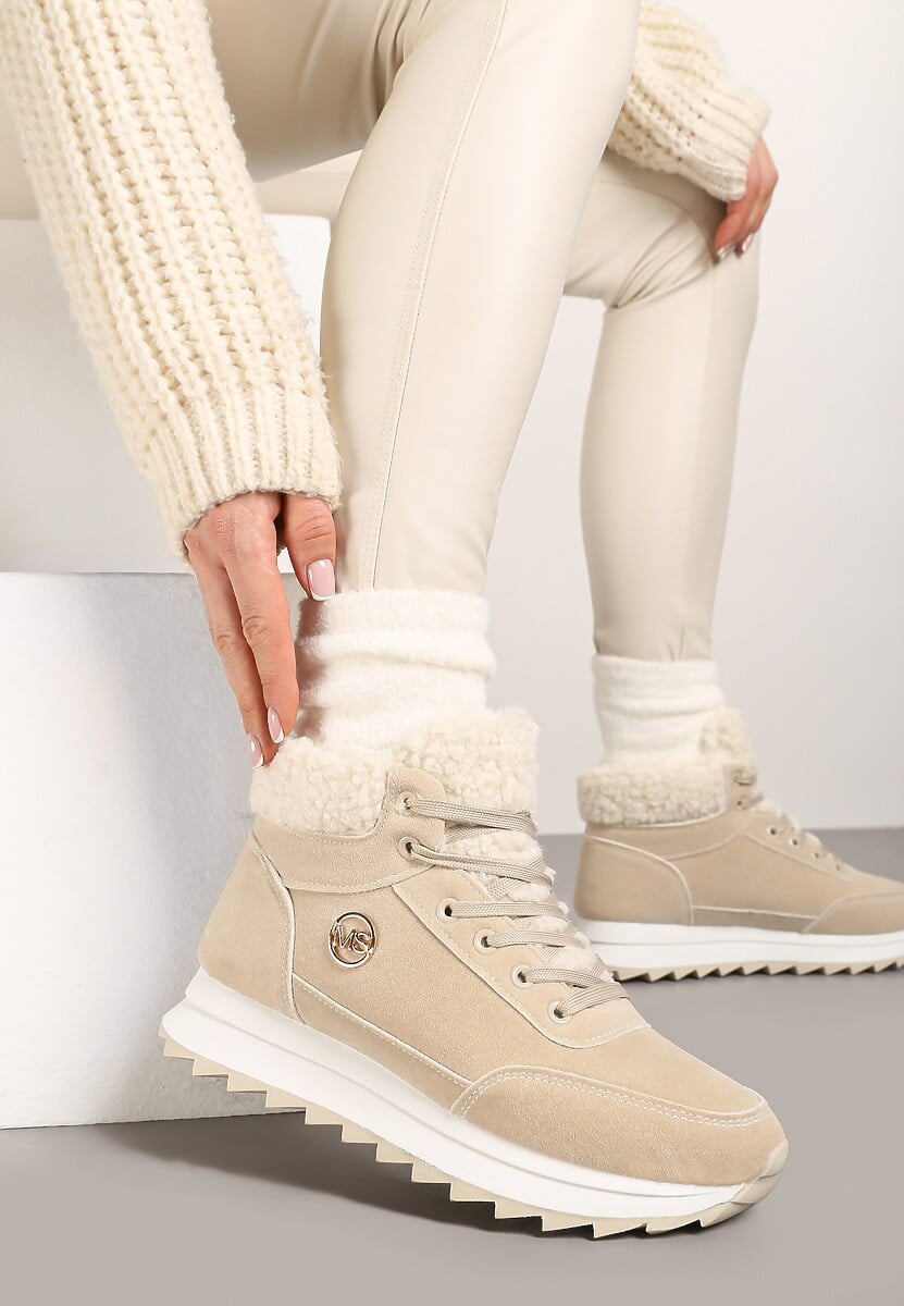 Beżowe Zimowe Sneakersy ze Sztucznym Futerkiem Turelia