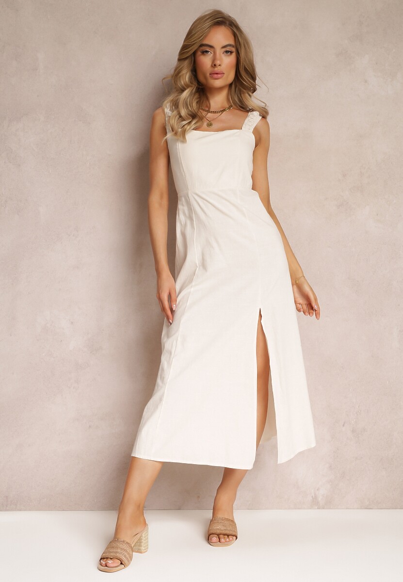 Jasnobeżowa Rozkloszowana Sukienka Bawełniana z Kwadratowym Dekoltem Trenna