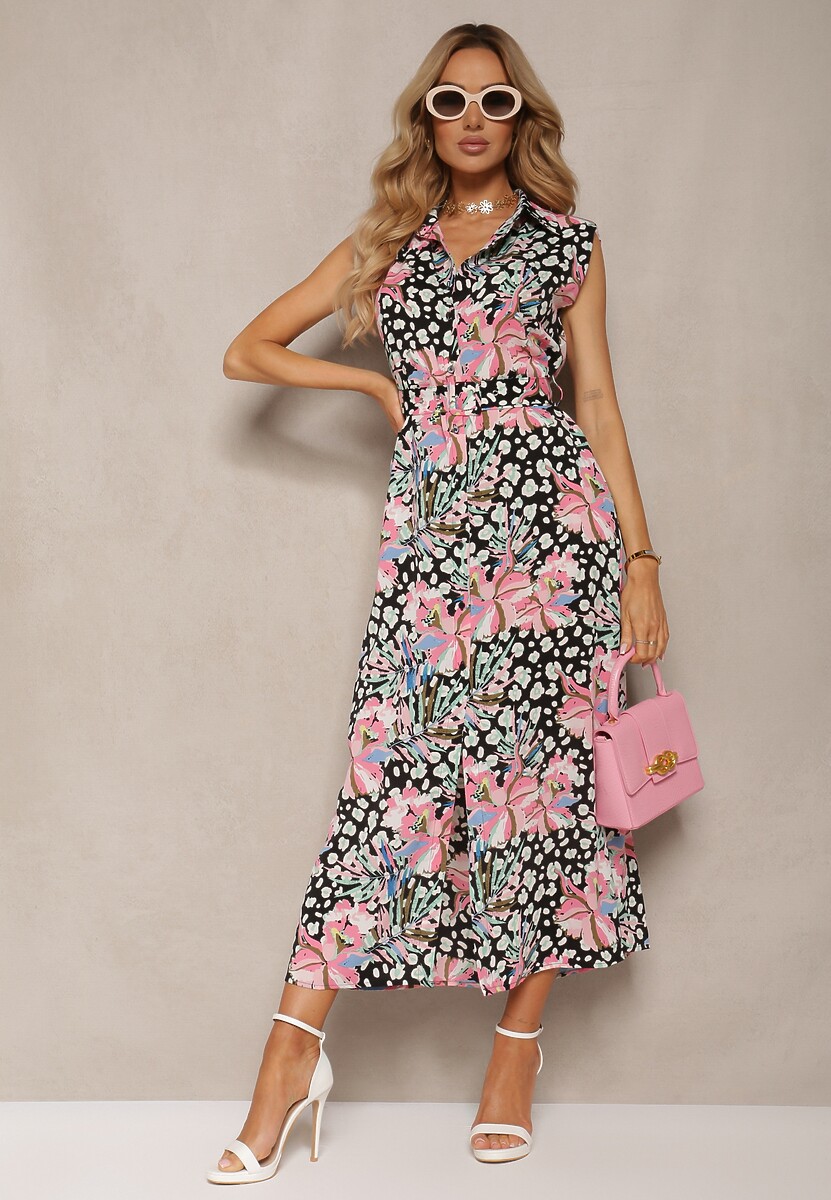Czarno-Różowa Koszulowa Sukienka Zapinana na Guziki z Materiałowym Paskiem w Kwiaty Leapia