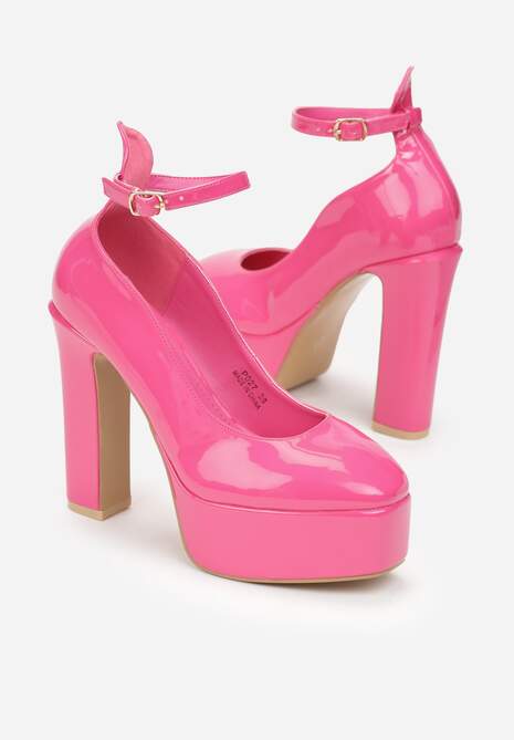 Fuksjowe Czółenka na Platformie i Słupku ze Sprzączką i Lakierowanym Wykończeniu Ysabel