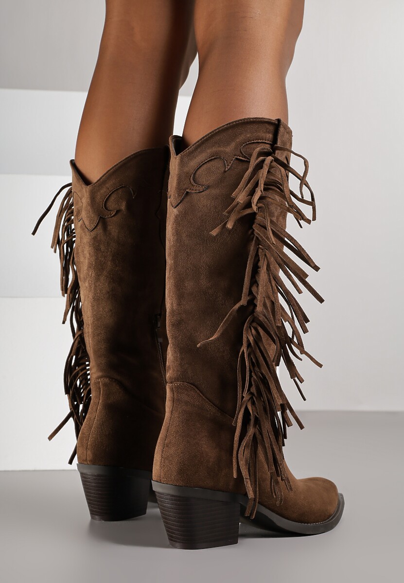 Brązowe Kozaki Kowbojki na Stożku Ozdobione Frędzlami Reianeva