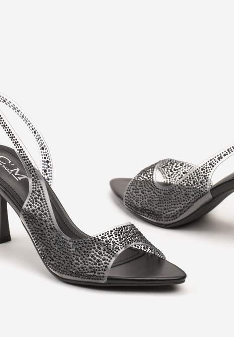 Czarne Sandały na Niskiej Szpilce z Otwartym Noskiem Zdobione Cyrkoniami Rialiana